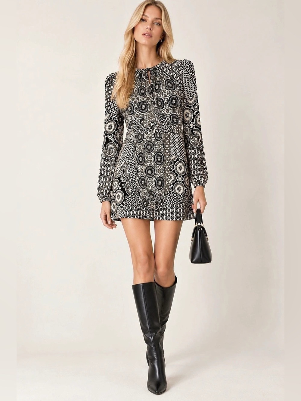 ZARA Trafaluc Black & Cream Mixed Print Long Sleeve Mini Dress Size S